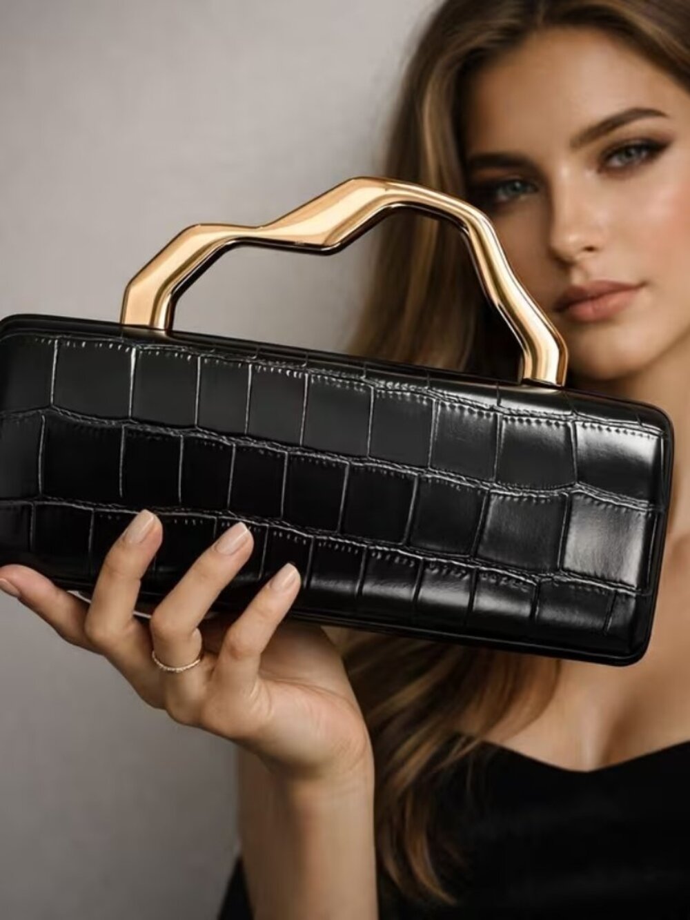✨ Luxe Croc Embossed Evening Bag | Gold Handle Clutch & Crossbody Glam